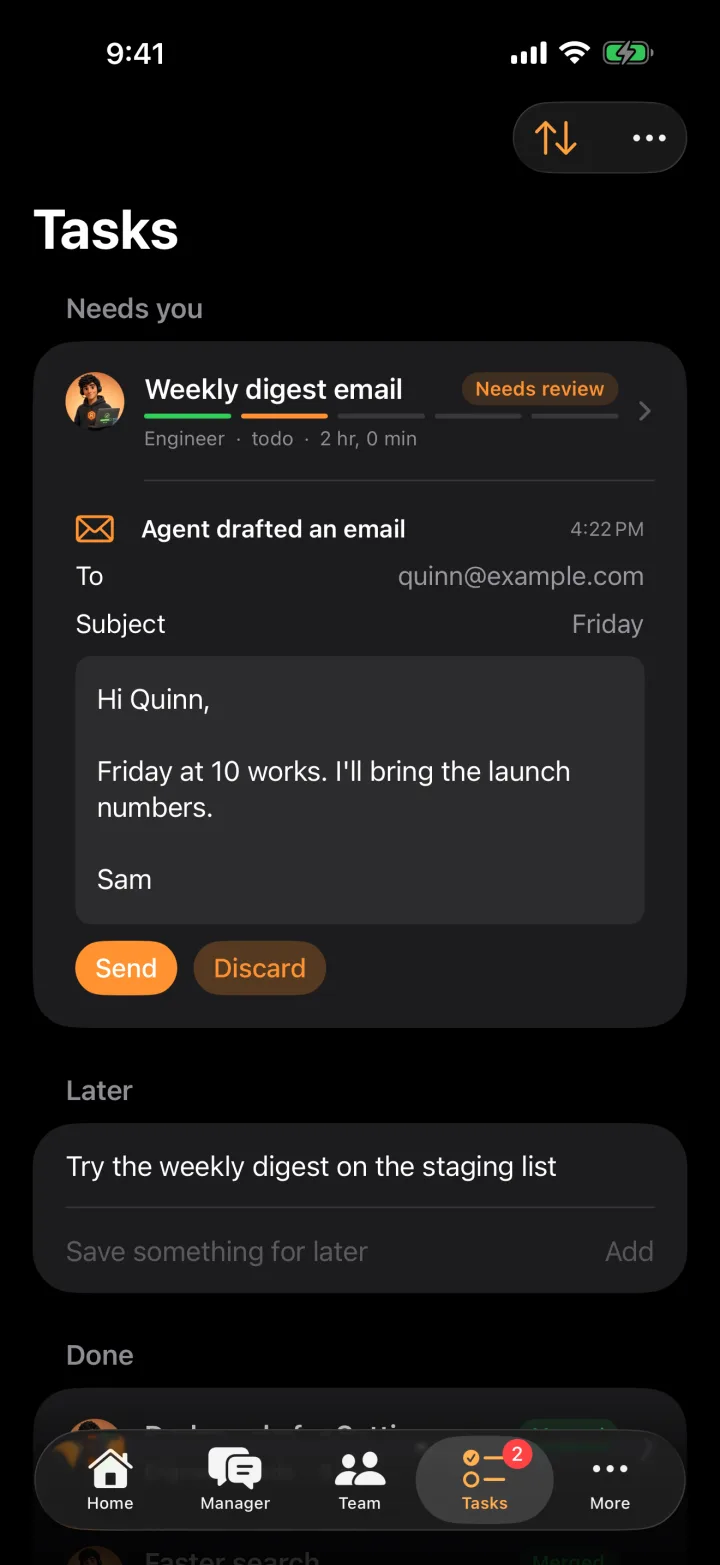 Tasks: needs you, running, later, done
